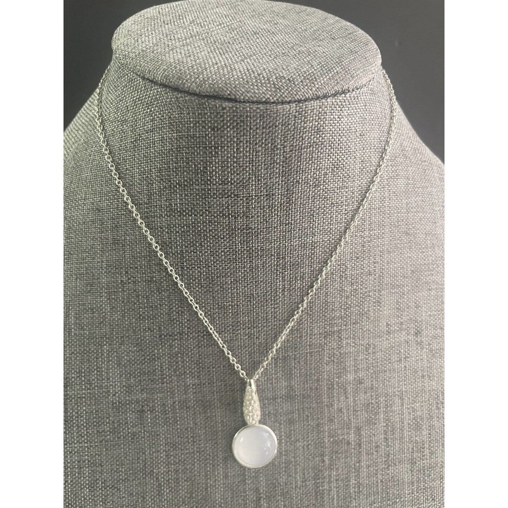 NRT Faux Opal Pendant Necklace Silver Tone Rhinestone Design 16” Long